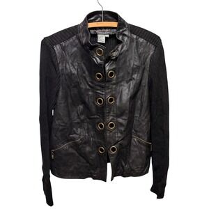 VTG‎ Black Leather Jacket Moto Ribbed Knit Mixed Media Women's Medium Grunge